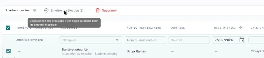 Émettre la sélection désactivé, avec une info-bulle demandant des brouillons d'une seule catégorie