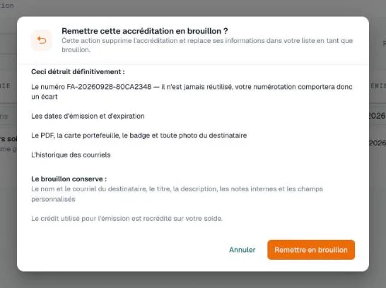 Boîte de dialogue Remettre cette accréditation en brouillon listant ce qui est détruit et ce que garde le brouillon