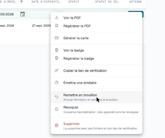 Menu d'une attestation avec Remettre en brouillon, Révoquer et Supprimer en bas