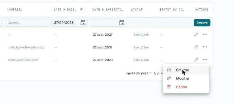 Lignes de brouillon avec le menu ouvert : Émettre, Modifier et Retirer