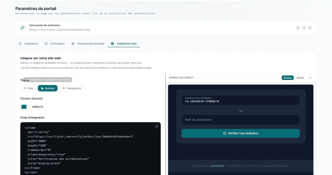 Onglet Intégration web avec le thème Sombre choisi, le code d'intégration et un aperçu sombre