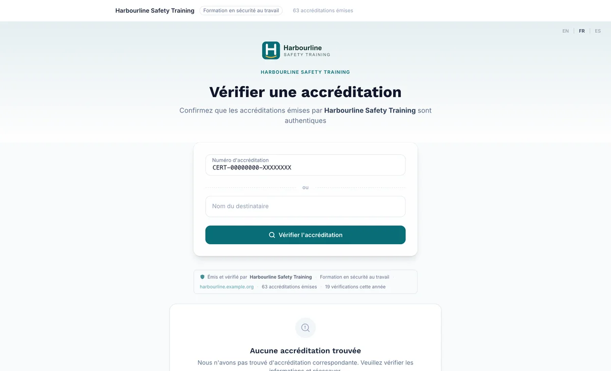 Page de vérification affichant qu'aucune accréditation n'a été trouvée sous la recherche