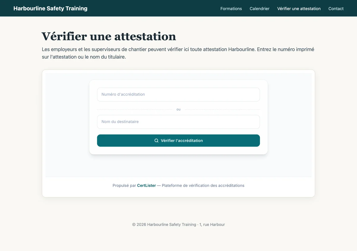 Widget de vérification intégré sur la page Vérifier une attestation d'un organisme de formation
