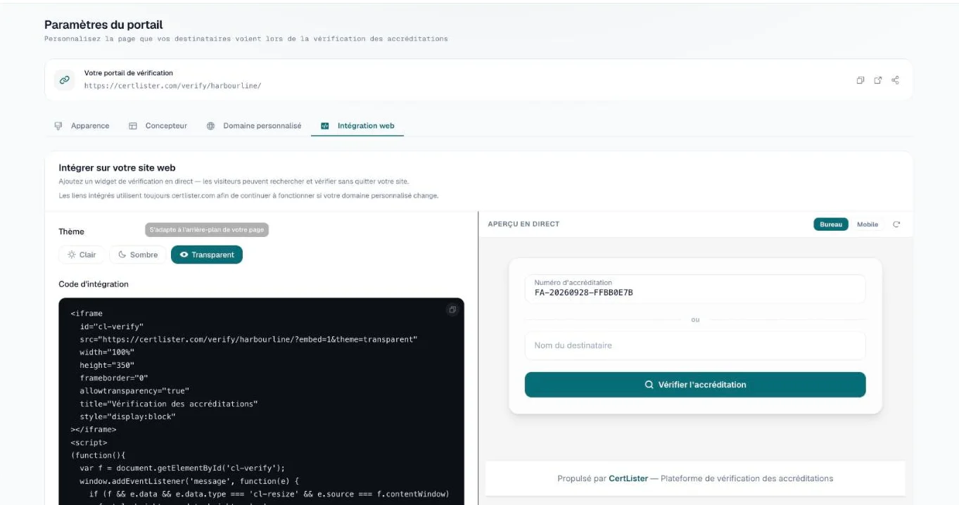 Onglet Intégration web avec le thème Transparent choisi et son aperçu