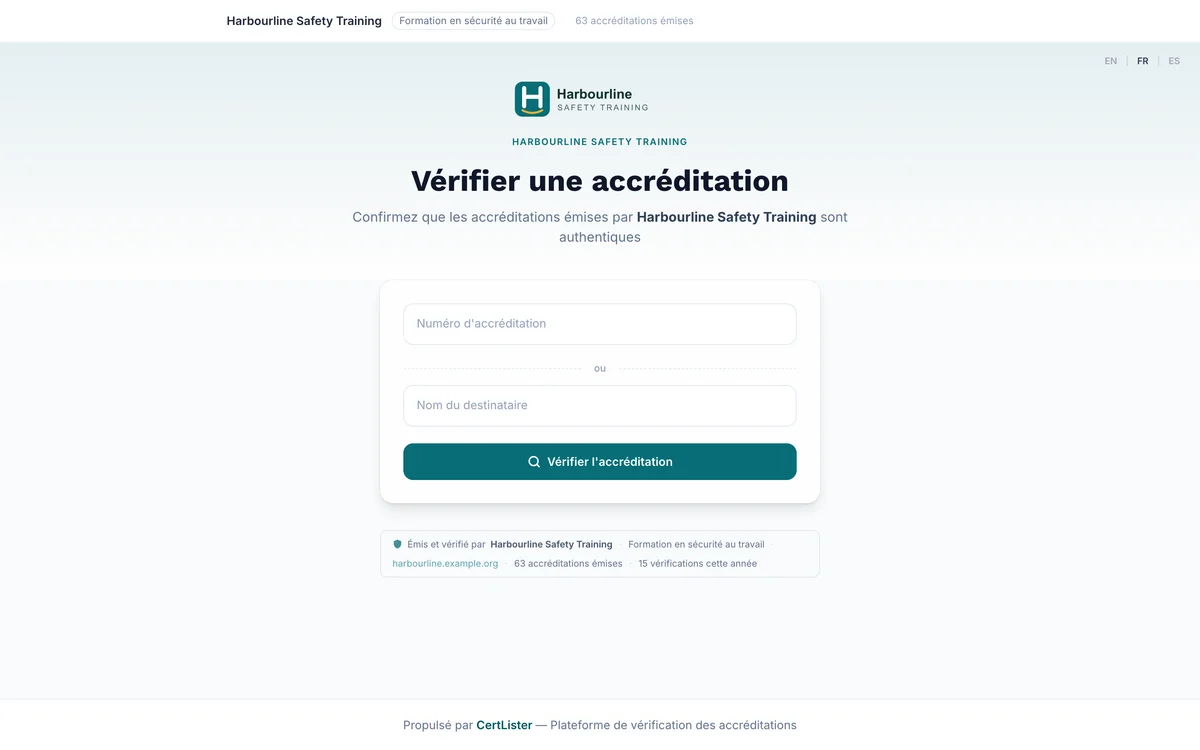 Page Vérifier une accréditation dans la mise en page Standard, avec la recherche par numéro et par nom