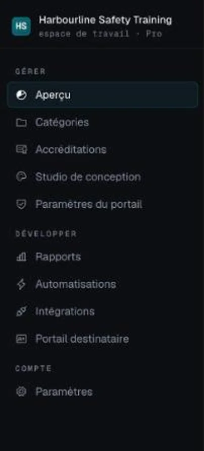 Barre latérale de CertLister avec les groupes Gérer, Développer et Compte