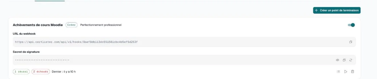 Carte du point de terminaison webhook avec l'URL, le secret de signature et les nombres de livraisons