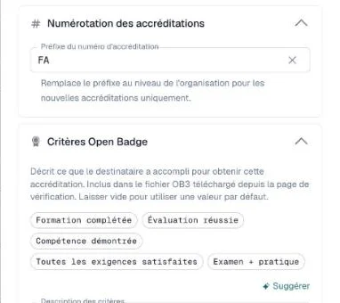 Section Critères Open Badge avec des boutons de préréglage et un texte de critères