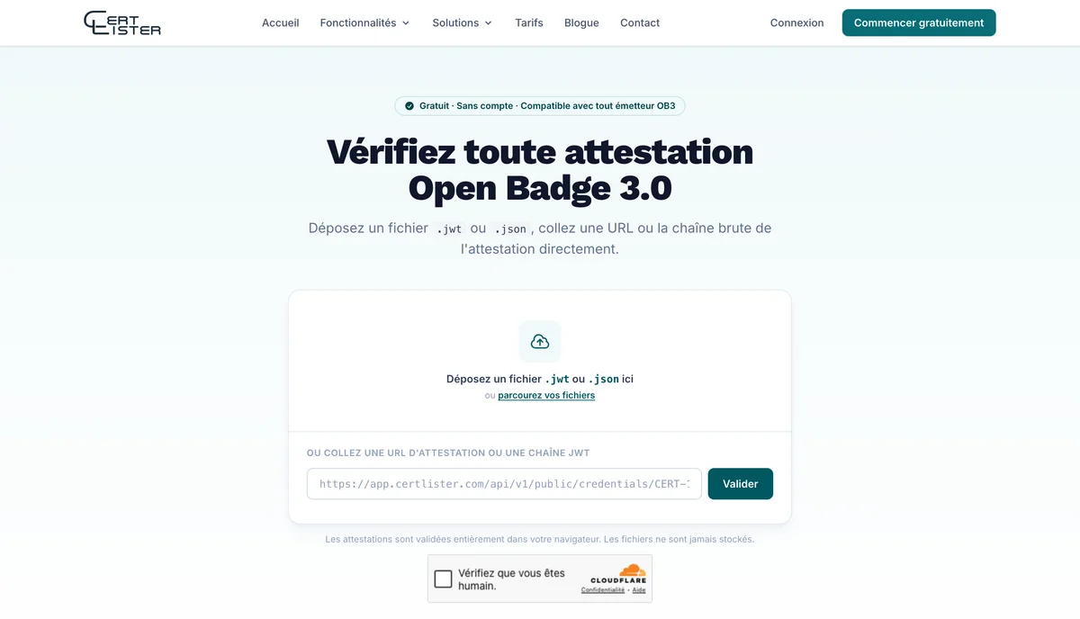 Validateur OB3 de CertLister avec une zone de dépôt pour un fichier .jwt ou .json et un champ pour coller une URL ou un JWT