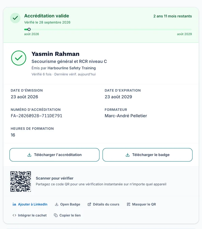 Fiche de résultat de la page de vérification avec le lien Open Badge dans le pied, à côté d'Ajouter à LinkedIn