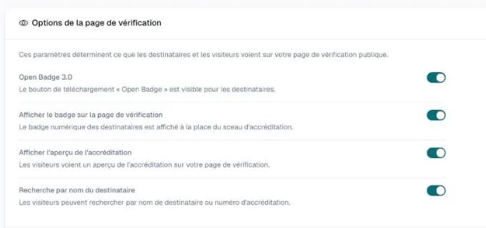 Options de la page de vérification avec l'interrupteur Open Badge 3.0 activé