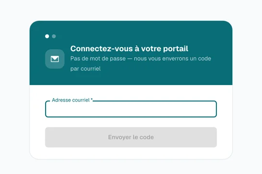 Page de connexion au portail qui demande une adresse courriel, avec un bouton Envoyer le code