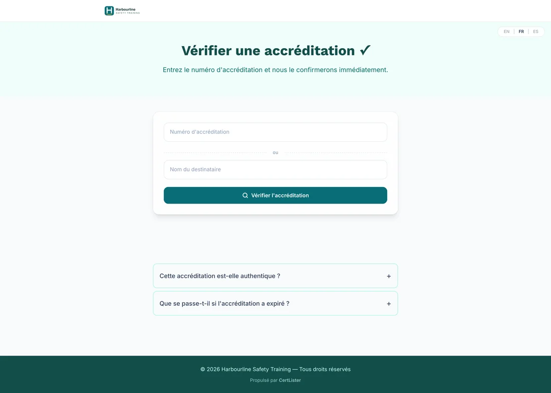 Page de vérification en direct créée à partir d'un modèle, avec un titre, la recherche et une FAQ