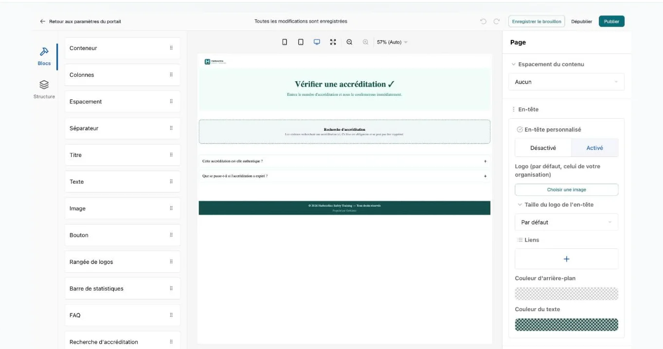 Réglages de la page avec l'espacement du contenu, l'en-tête personnalisé, le logo, sa taille, les liens et les couleurs