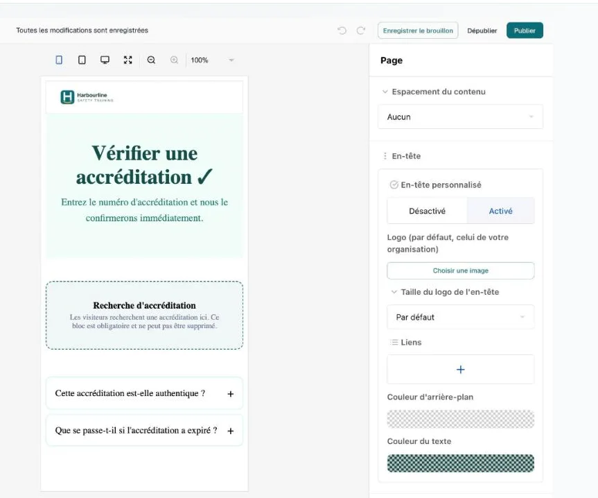 Éditeur en vue téléphone avec la page affichée à la largeur d'un téléphone