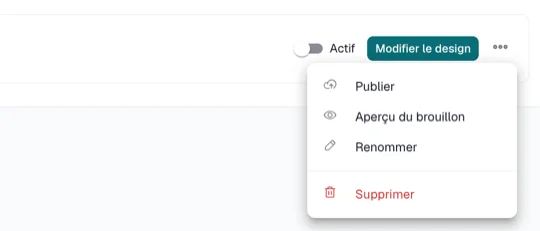 Menu d'un design dans Page de vérification, Concepteur, avec Publier, Aperçu, Renommer et Supprimer