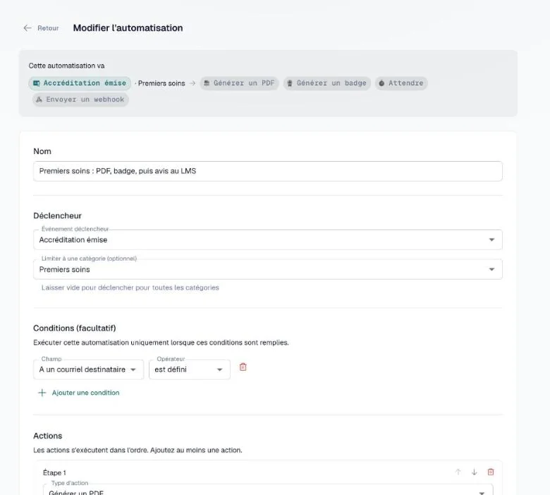 Page Modifier l'automatisation avec le résumé, le nom, le déclencheur, la limite de catégorie et une condition