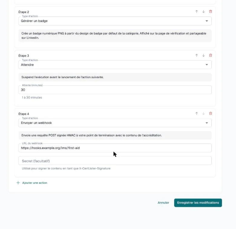 Automatisation en quatre étapes : Générer un PDF, Générer un badge, Attendre 30 minutes et Envoyer un webhook avec son URL et son secret