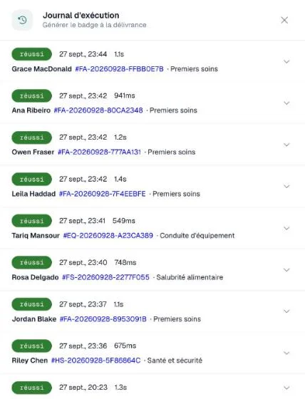 Tiroir Journal d'exécution listant les exécutions avec leur statut, heure, durée et attestation