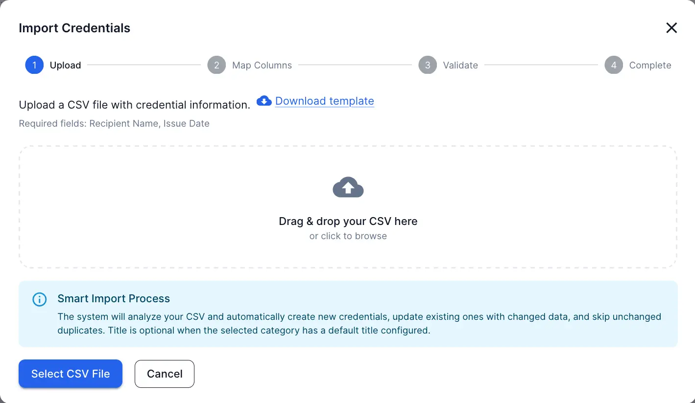Gestion des dossiers de formation — importation groupée d'attestations par fichier CSV dans CertLister