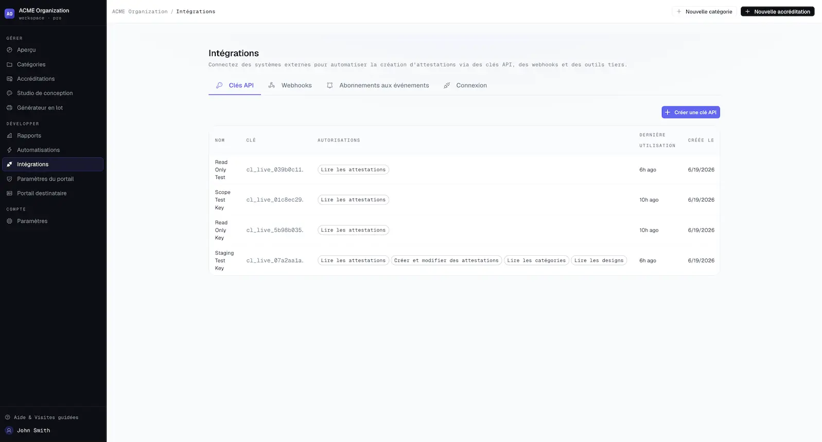 Page des intégrations API et webhook de CertLister