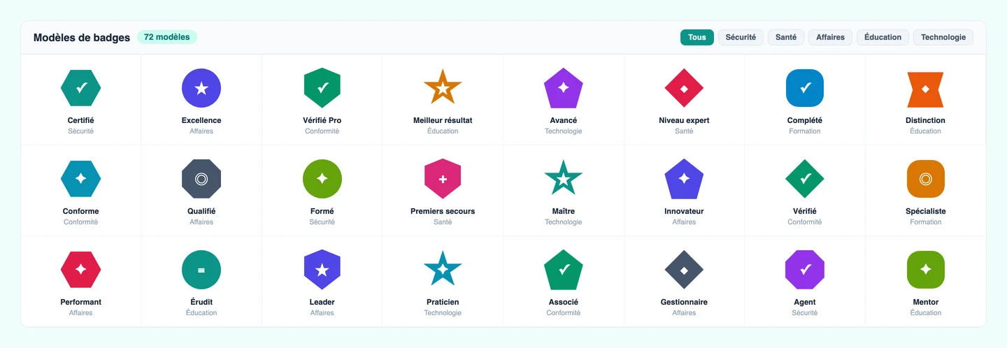 Galerie de modèles de badges CertLister affichant 72 designs SVG regroupés par secteur