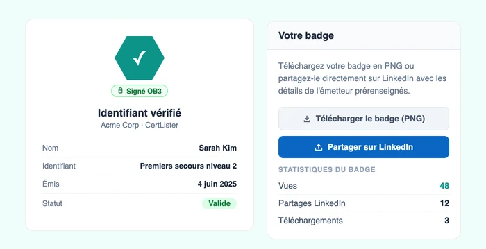 Page de vérification CertLister affichant un badge numérique aux côtés du résultat de vérification de l'attestation