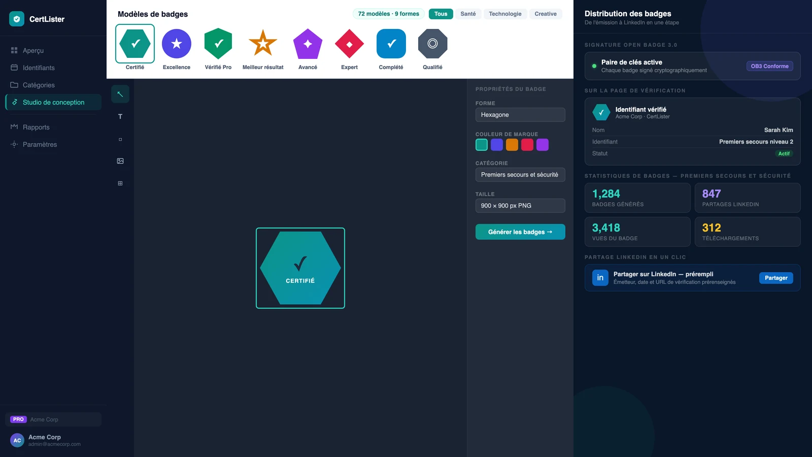 Studio de design CertLister avec un canevas de badge ouvert — modèle de badge chargé et prêt à personnaliser