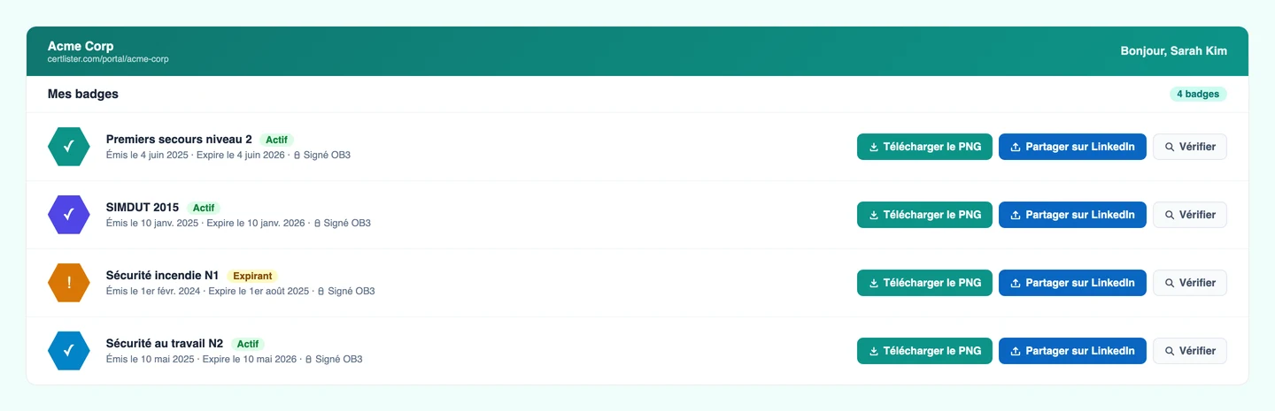 Portail des titulaires CertLister affichant les options de téléchargement de badge et de partage LinkedIn