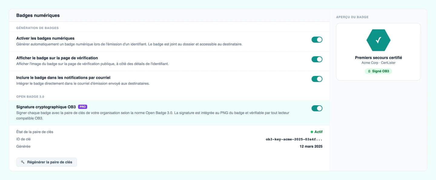 Paramètres OB3 de CertLister affichant la configuration de la paire de clés Open Badge 3.0 pour la signature cryptographique