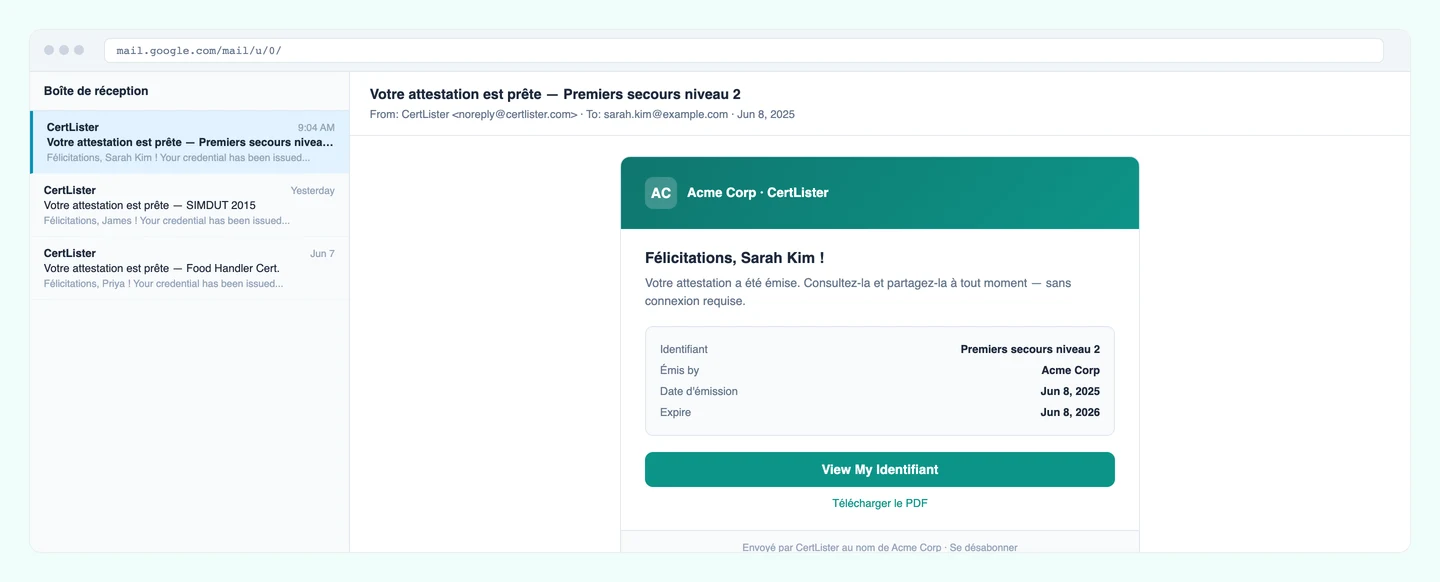 E-mail de livraison automatique d'attestations CertLister — vue de la boîte de réception