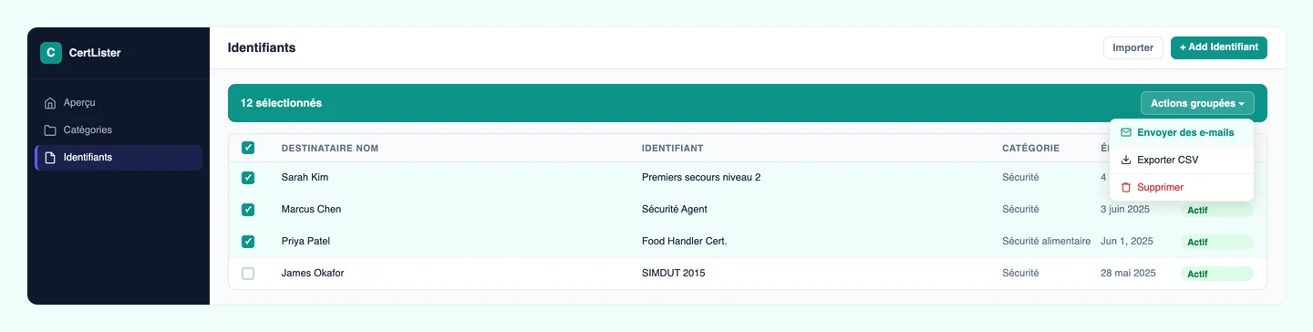 Envoi groupé d'e-mails CertLister — sélectionnez des attestations et envoyez à plusieurs destinataires