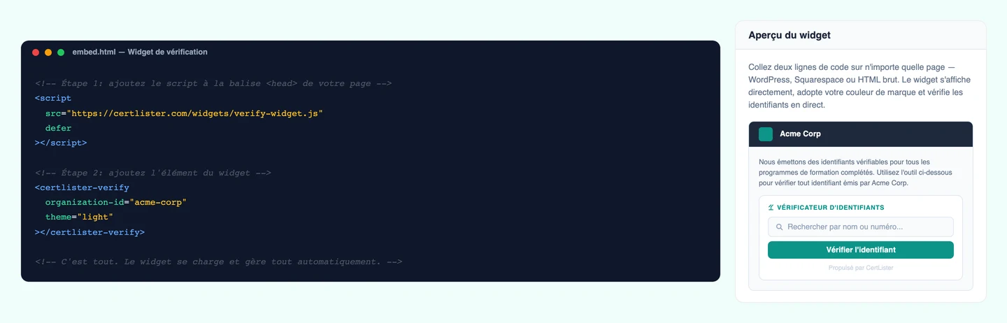 Code du widget intégrable de vérification d'attestations
