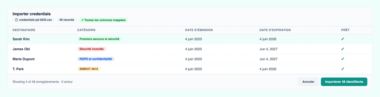 Gestion des dossiers de formation — importation groupée d'attestations par fichier CSV dans CertLister