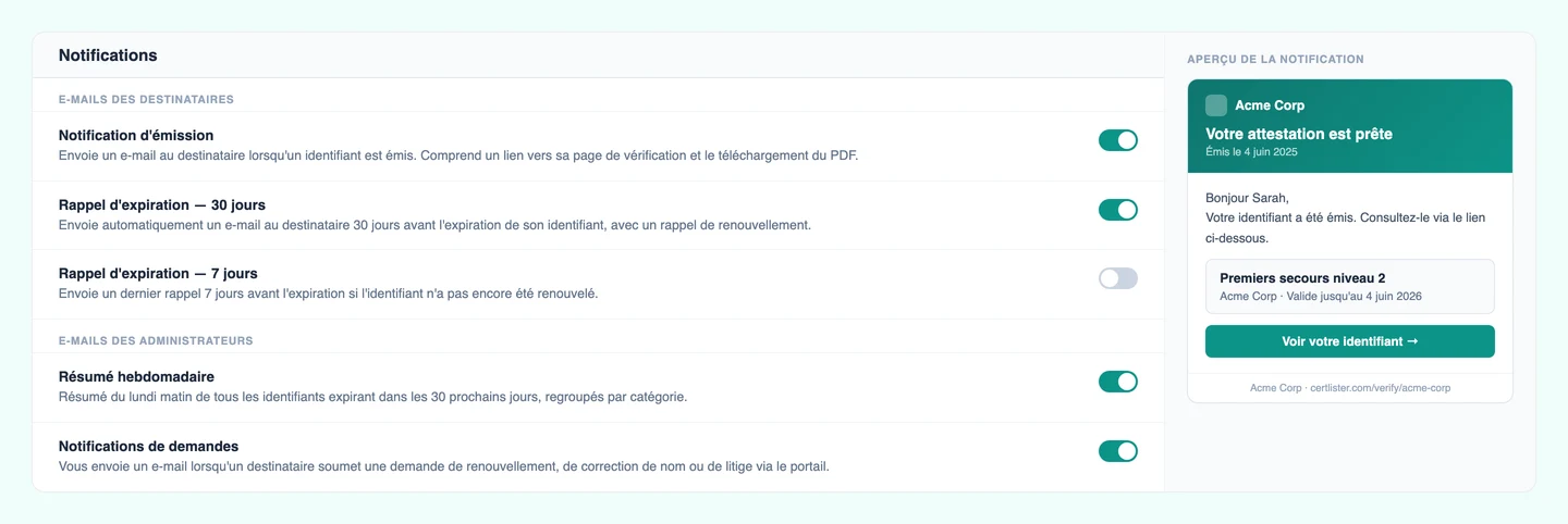 Paramètres d'automatisation des courriels et de notification de CertLister