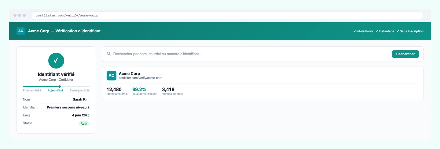 Portail public de vérification d'attestations CertLister — vérification instantanée en ligne