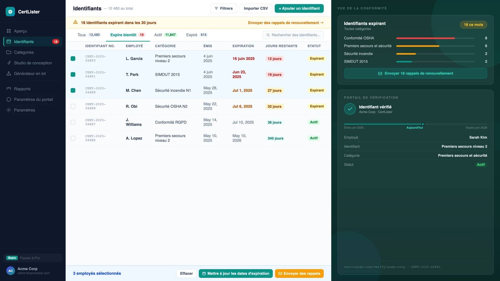 Tableau de bord CertLister pour le suivi des certifications des employés — statut de conformité et indicateurs d'expiration pour les équipes RH