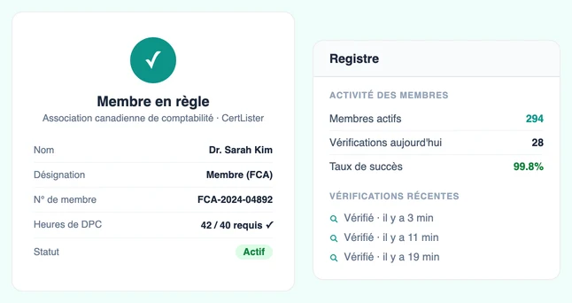 Page de vérification publique d'attestation CertLister affichant une adhésion vérifiée à une association professionnelle