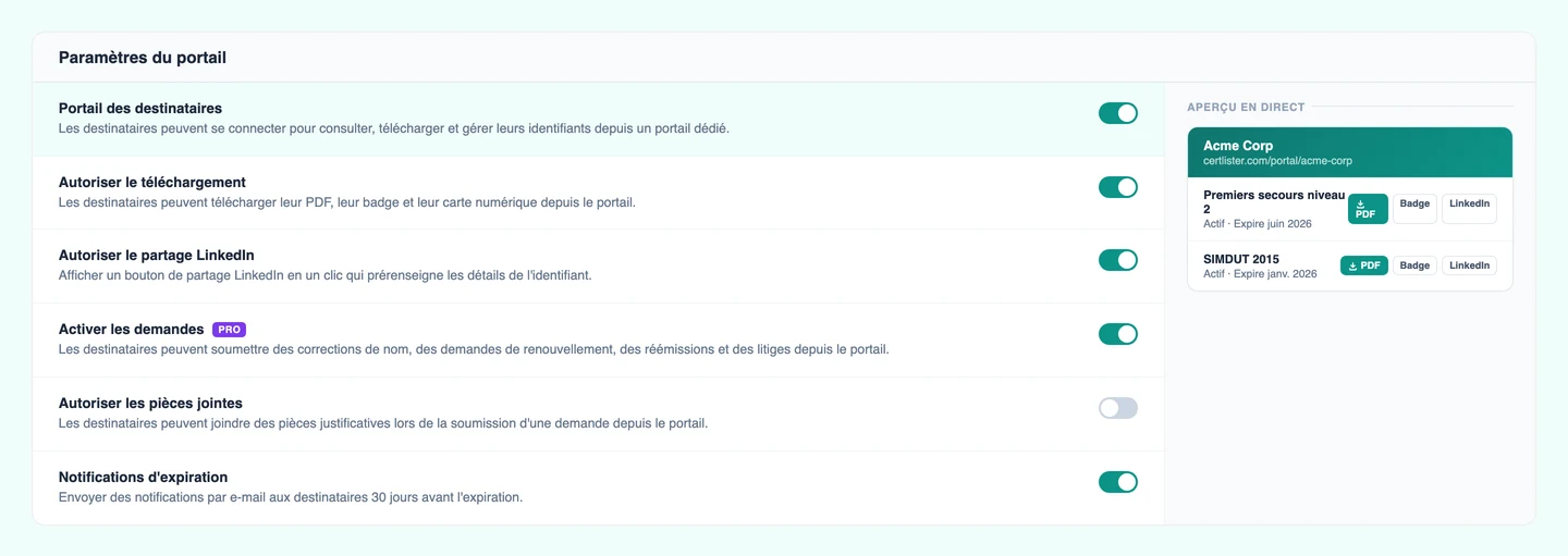 Page des Paramètres du portail CertLister affichant les contrôles administrateur pour activer et configurer le portail des titulaires