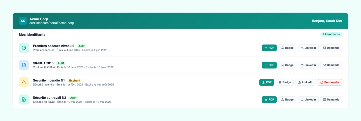 Portail libre-service CertLister pour les titulaires affichant la liste des attestations
