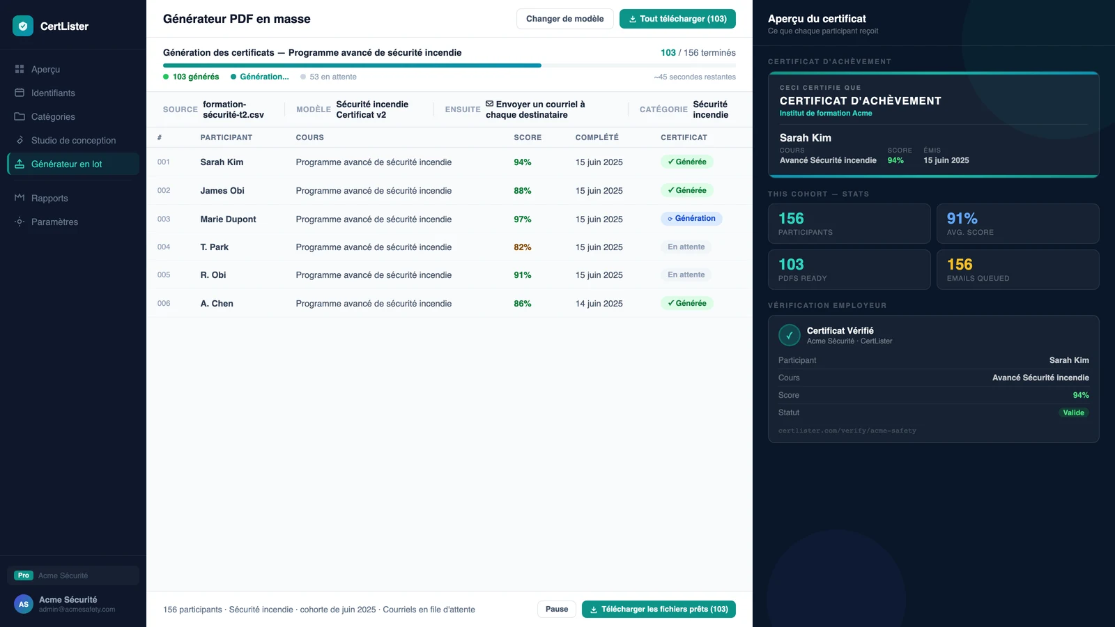 CertLister, logiciel de gestion des certifications pour organismes de formation — importation CSV, génération en lot et attestations numériques vérifiables