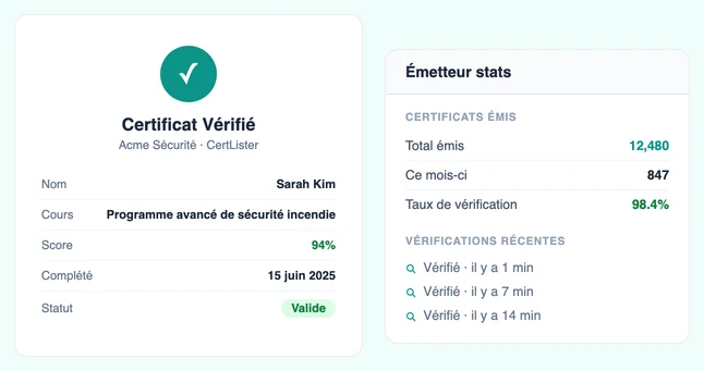 Portail de vérification publique des attestations CertLister affichant une attestation de formation vérifiée