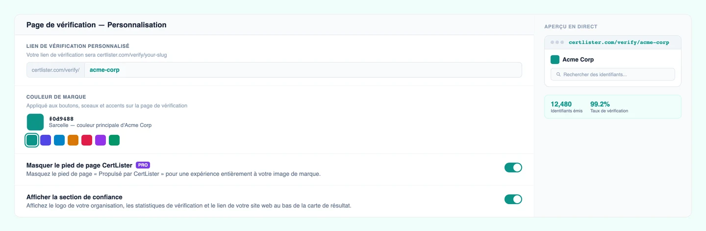Paramètres de personnalisation de la page de vérification CertLister