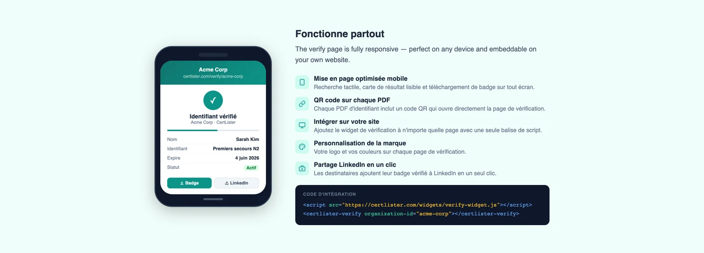 Page de vérification d'attestations CertLister sur mobile — design responsive affichant le résultat de vérification sur un téléphone