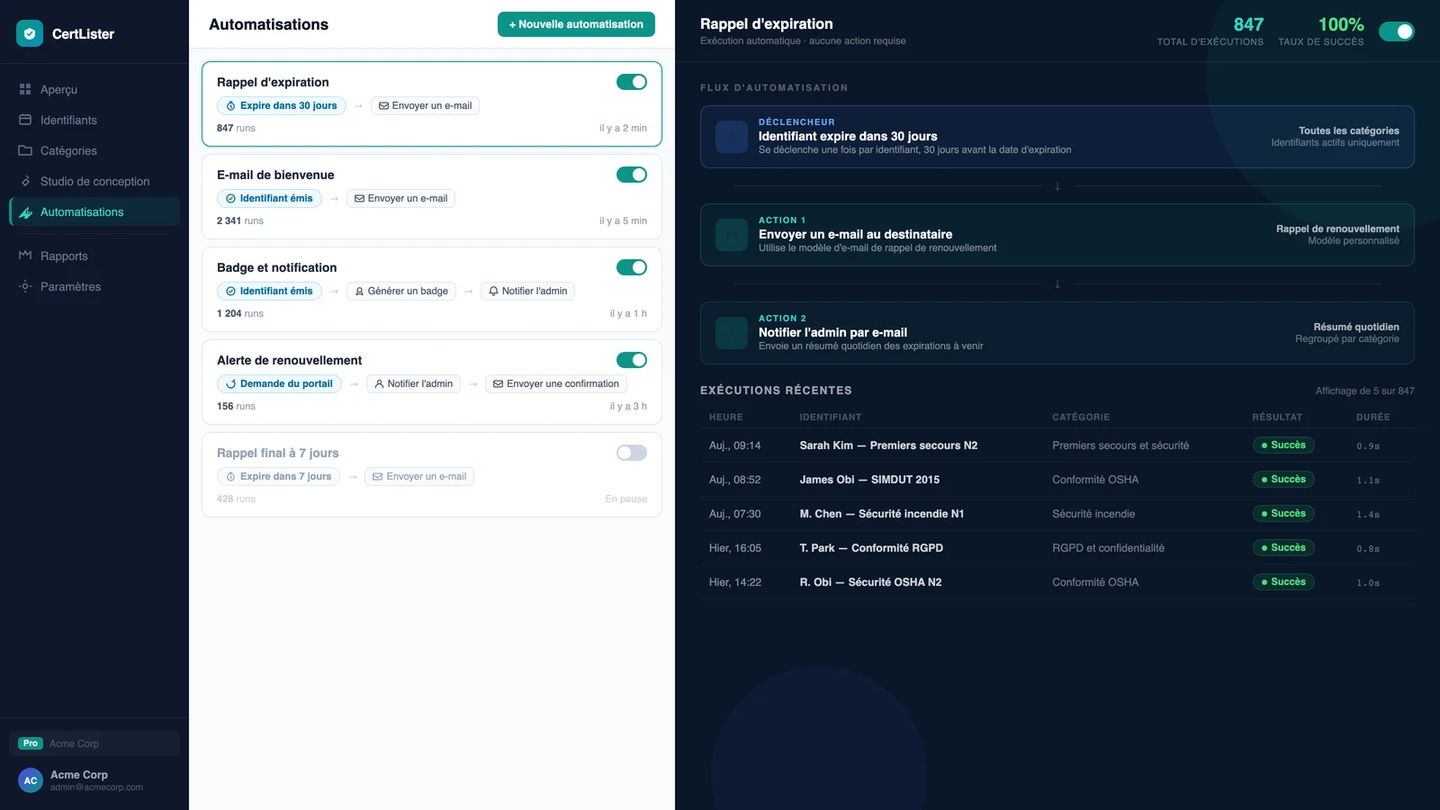 Éditeur d'automatisation CertLister affichant un déclencheur et une séquence d'actions configurés pour l'émission d'attestations