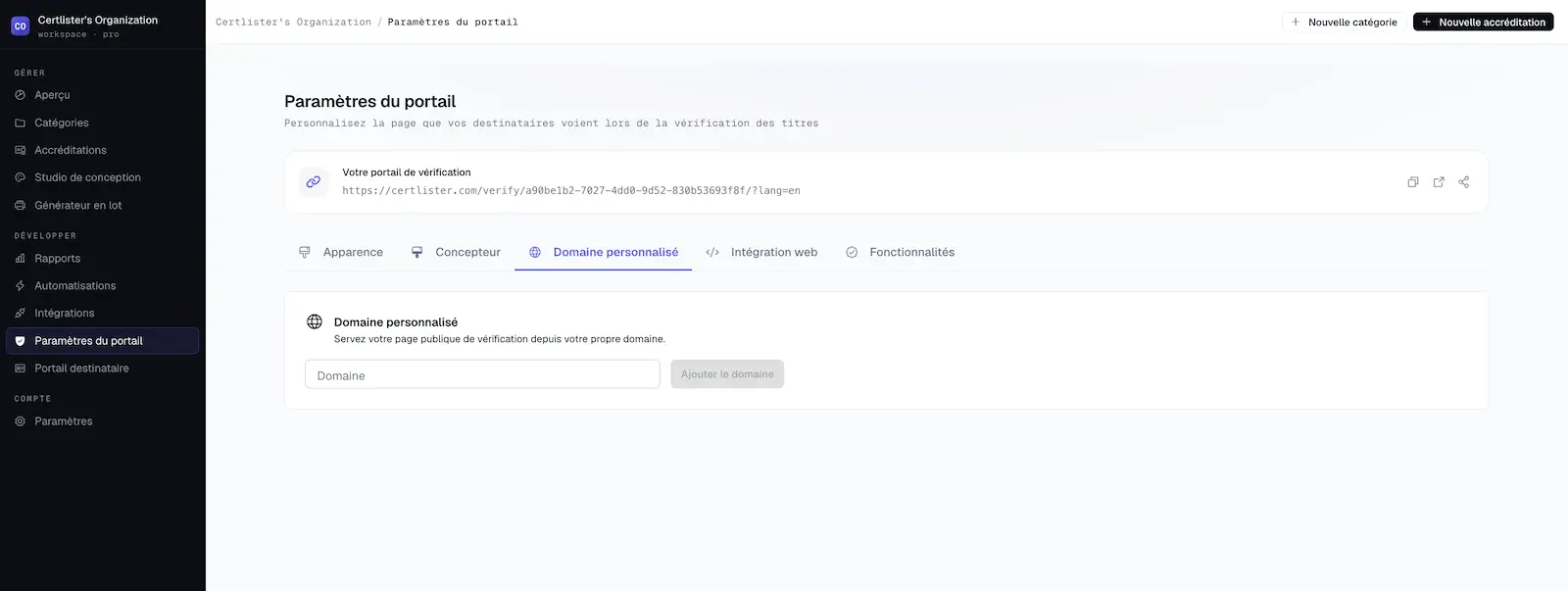 Onglet Domaine personnalisé dans les Paramètres du portail CertLister