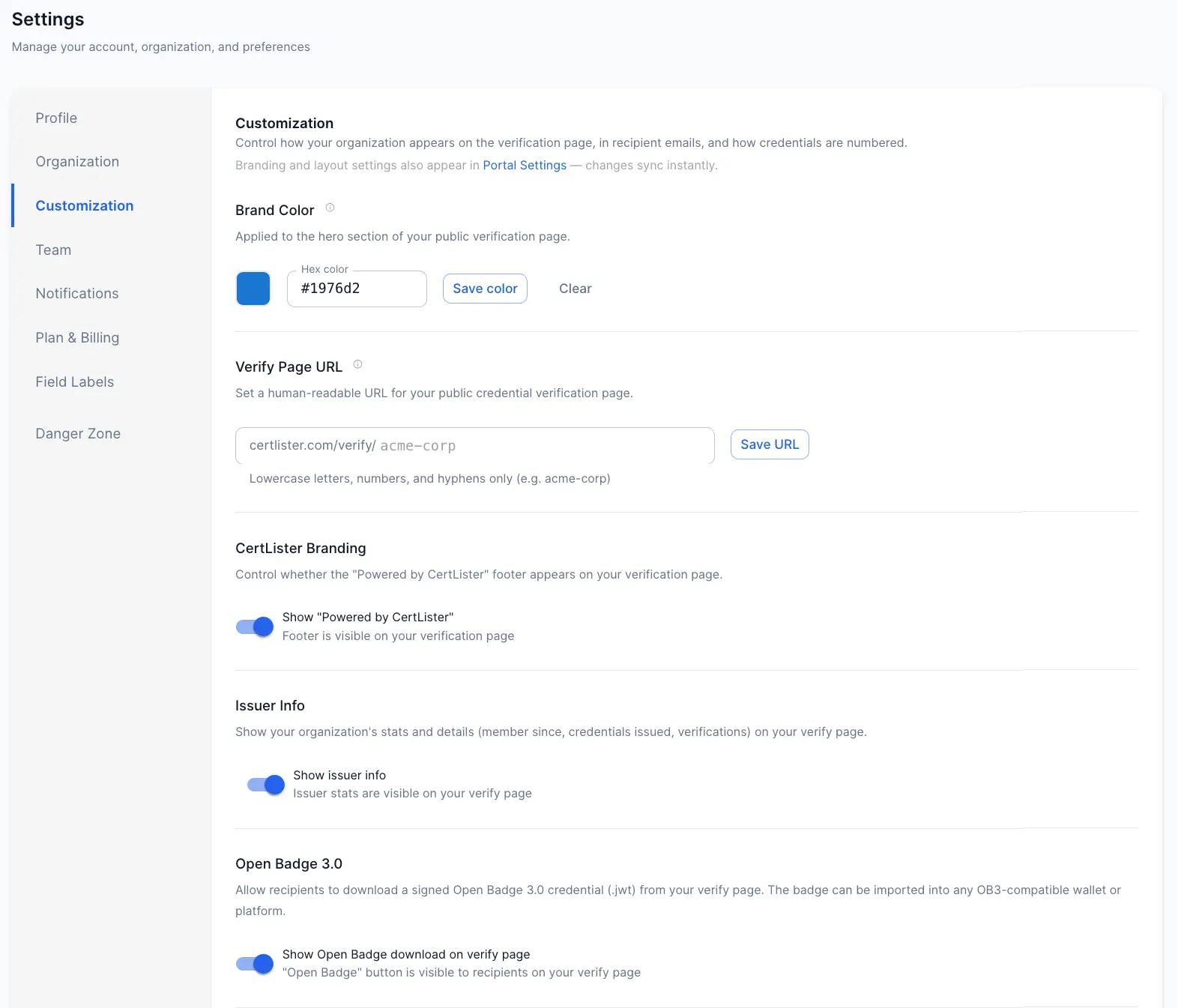 Paramètres OB3 de CertLister affichant la configuration de la paire de clés Open Badge 3.0 pour la signature cryptographique