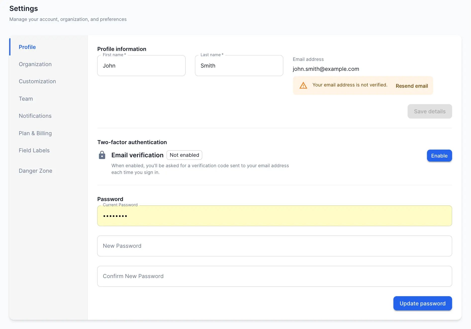 Page des paramètres de compte CertLister