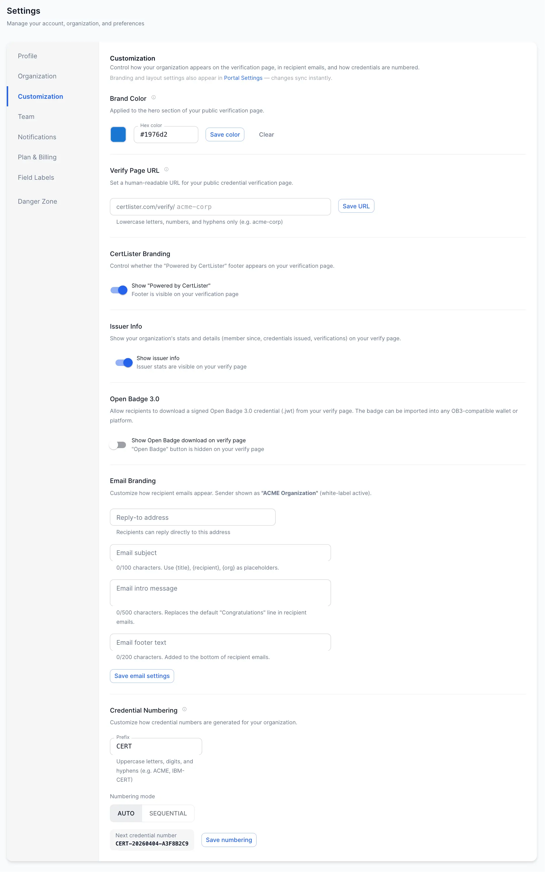 Paramètres de personnalisation de la page de vérification CertLister