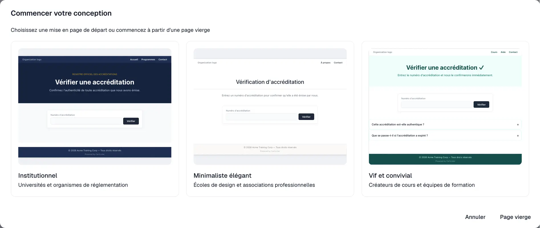 Galerie de modèles présentant les trois modèles de départ et l'option de page vierge